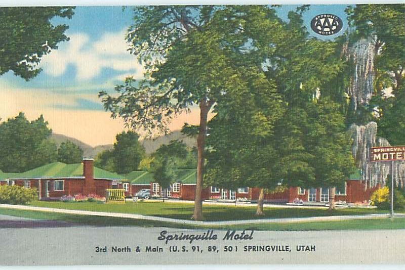 A vintage postcard with an illustration of a motel. There is text reading 'Springville Motel' and '3rd North and Main: U.S. 91, 89, 50. Springville, Utah.'